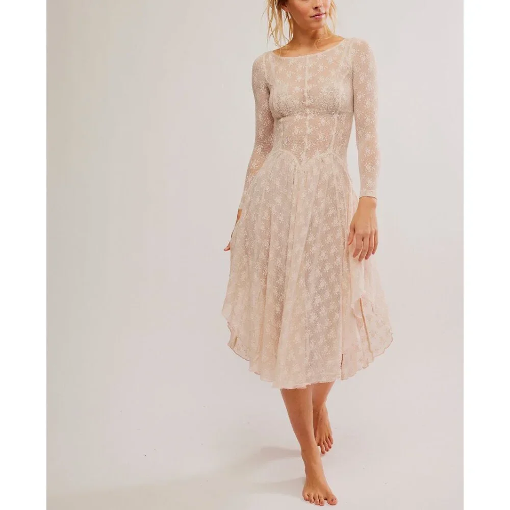 Free People Sheer Lace Long-Sleeve Chemise in Nude